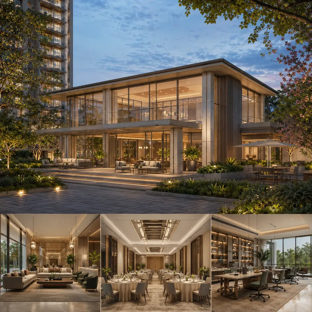 SNN Raj Azaleas clubhouse with lounge, banquet hall and co-working interiors