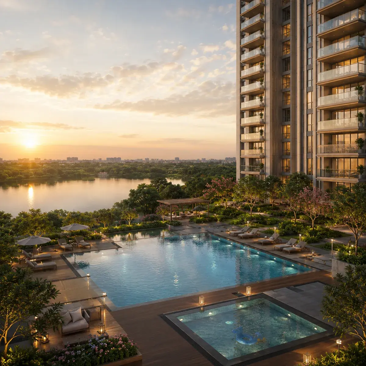 SNN Raj Azaleas swimming pool and deck overlooking the lake at sunset